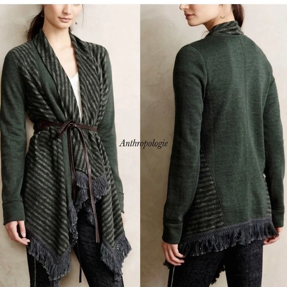 Anthropologie Saturday Sunday Green Striped Fringe Open Front Cardigan XS